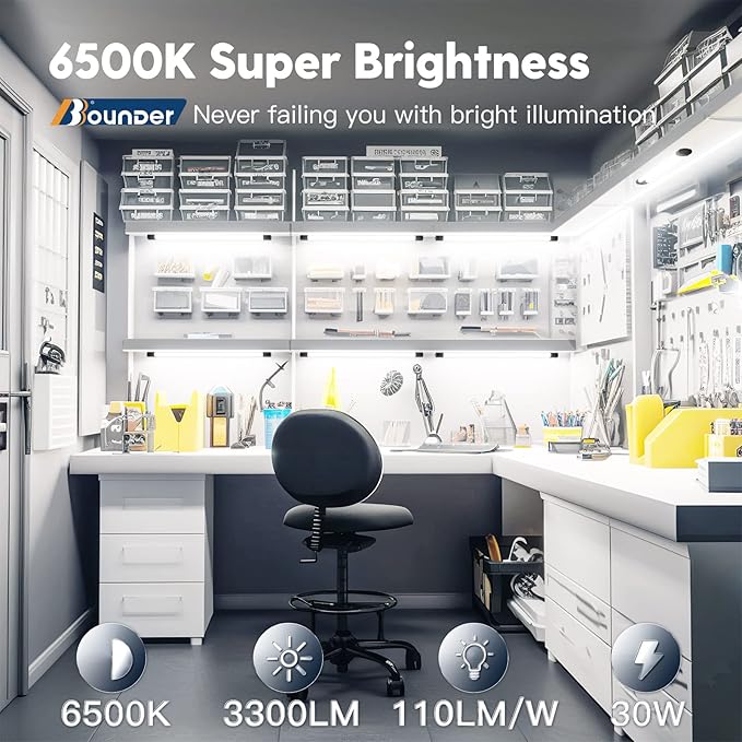 BBOUNDER 3FT LED Shop Light Fixture, Super Bright 3300LM, Cool Daylight White 6500K, Ceiling or Hanging Mount, Durable Garage Shop Lighting for Warehouse, Workbench, Basement, and Business Use, Black