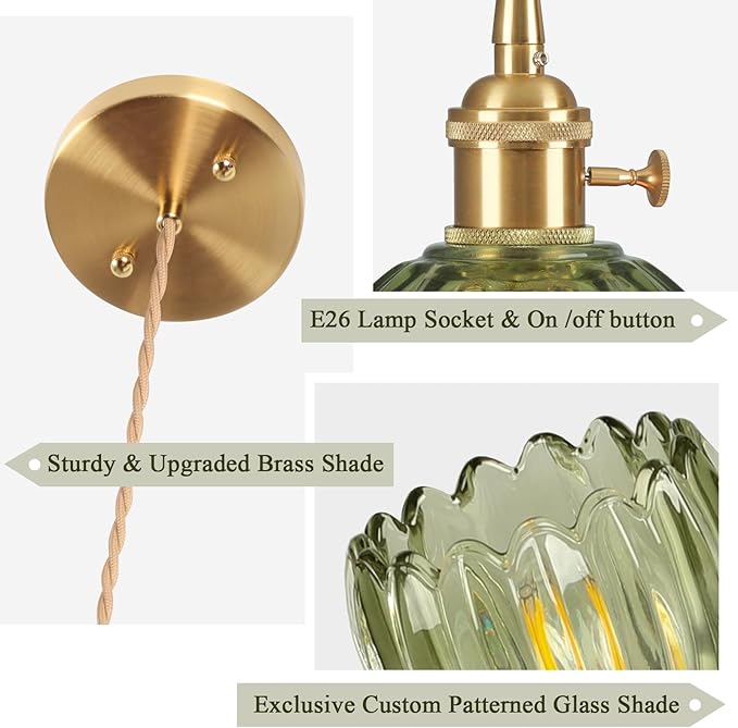 Pendant Light Fixtures,Mini Hanging Lights Green Glass Vintage Pendant Light 5.1Inch E26 Hanging Light Adjustable Hanging Light for Bedroom Living Room Hallway