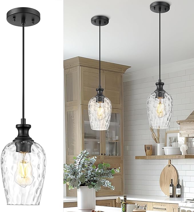 Black Pendant Lights Kitchen Island, Modern Hanging Lights Fixtures with Hand-Blown Hammered Clear Glass, Farmhouse Kitchen Island Lighting Over Sink, AD-24027-1P-BK