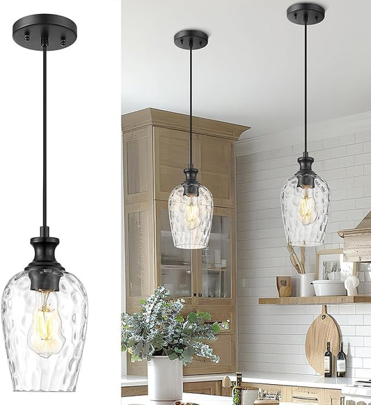 Black Pendant Lights Kitchen Island, Modern Hanging Lights Fixtures with Hand-Blown Hammered Clear Glass, Farmhouse Kitchen Island Lighting Over Sink, AD-24027-1P-BK