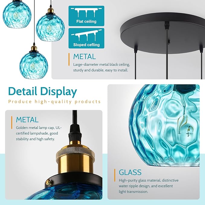 3 light Cluster Pendant Light, Mid Century Modern Dining Room Light Fixtures over Table, Kitchen Island Lights Ceiling Hanging Black, Blue Hammered Glass Chandelier Multi Pendant Light Fixture