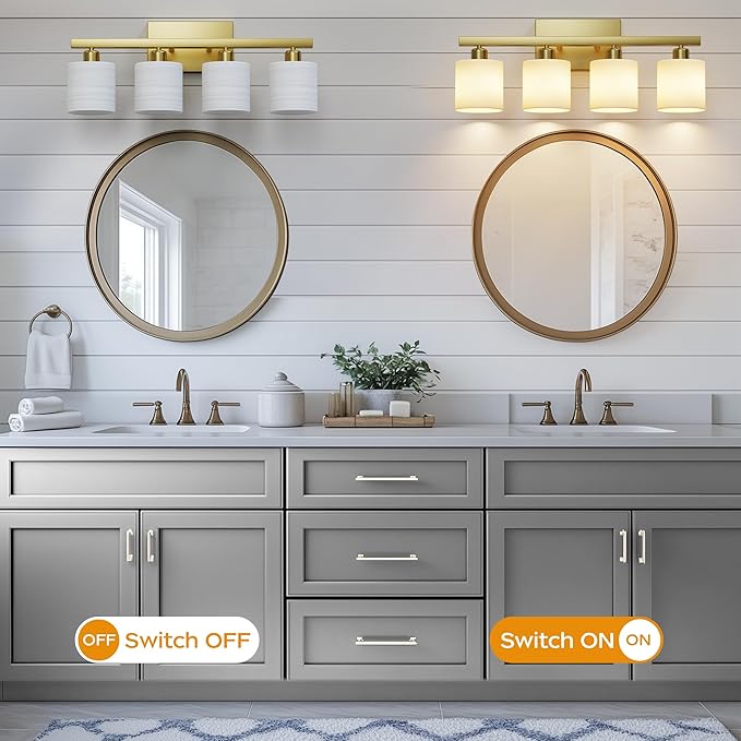 PARTPHONER Bathroom Light Fixtures, Bathroom Lighting Fixtures Over Mirror, Interior Classic Vanity Lights, Modern Vanity Light with Textured White Glass Shade, Brushed Gold, 4-Light