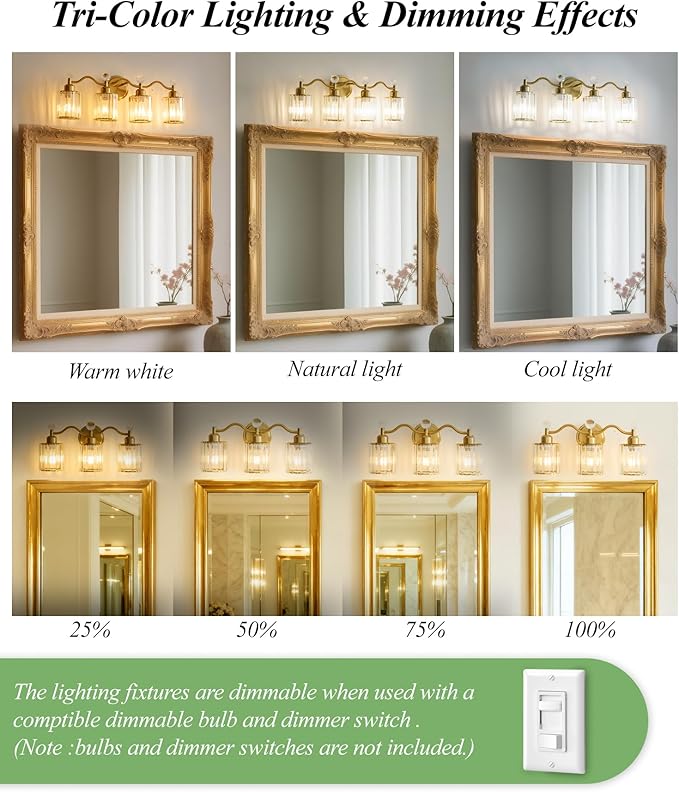 Bathroom Vanity Light Fixtures 3-lights, Gold Crystal Vanity Lights for Bath, Bathroom Lights Fixture with Clear Crystal Glass Shade, Modern Wall Light over Mirror, Wall Sconces Light for Hallway