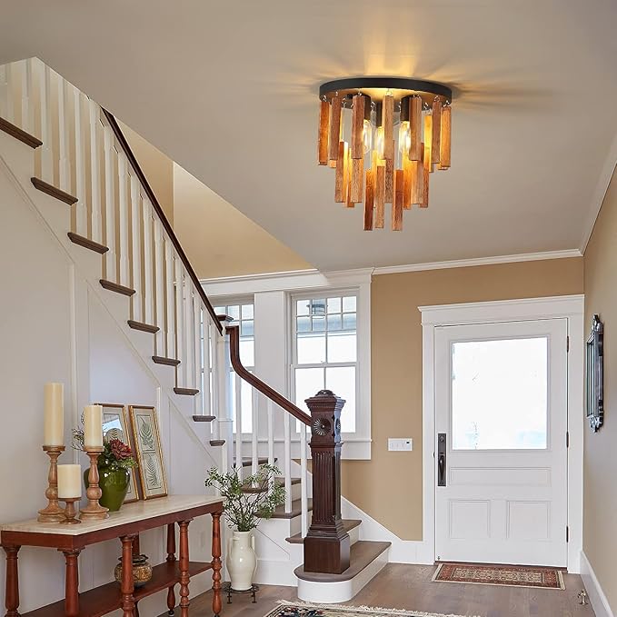 3-Light Semi Flush Mount Ceiling Lights Boho Wood Light Fixture Farmhouse Chandelier Oak and Black Ceiling Lighting with E26 for Kitchen Living Room Entryway Bedroom Dining Room