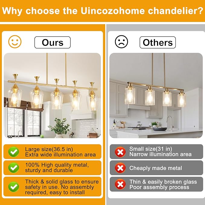 37" Dining Room Light Fixture/Chandelier Over Table, 5-Light Brushed Gold Kitchen Island Lighting with Clear Glass Shade, Modern Hanging Pendant Lights Fixture for Kitchen Island, Dining Room, Bar