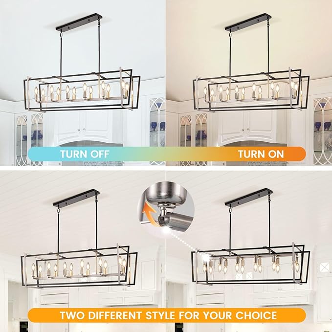 Farmhouse Dining Room Light Fixture/Chandelier Over Table, 12-Light Kitchen Island Lighting, Rectangle Pendant Lights Kitchen Island, Black and Sliver Hanging Chandeliers for Dining Room