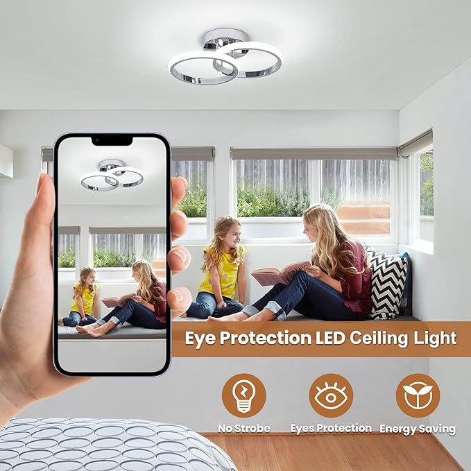CANEOE Round Modern Led Ceiling Light Fixtures, 6000K Cool White Hallway Light Fixtures Ceiling, Bathroom Close to Ceiling Lights for Corridor Stair Aisle Lamps (Chrome, 1 Pack)