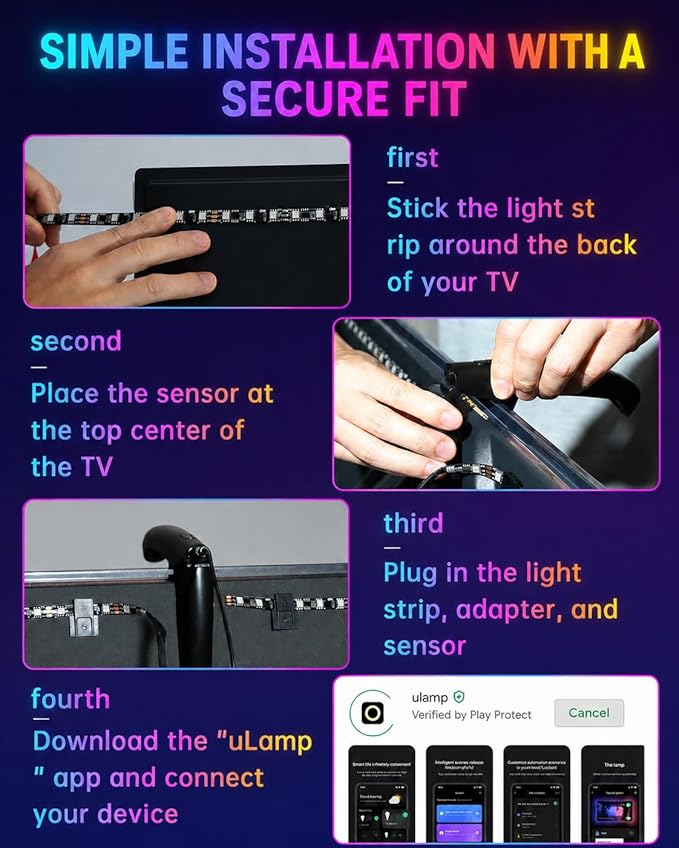 TV LED Backlight with Sensor, LED Sync Lights for TV 55-65 Inch, Smart Camera Sync to Screen, Ambient RGB Strip Lights for Gaming & Home Theater, App Control (14.7ft)