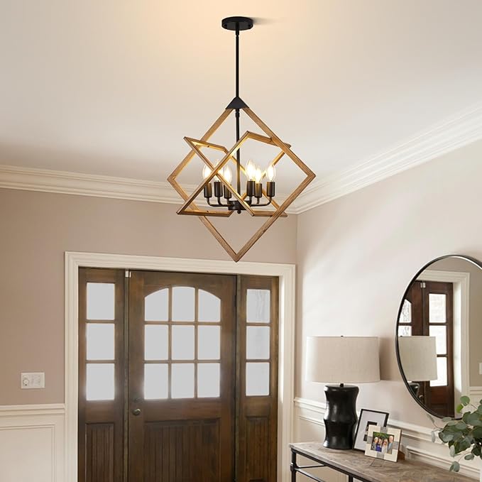 24" Modern Pendant Lights Kitchen Island, 6-Light Black + Wood Grain Farmhouse Pendant Light Fixtures, Industrial Hanging Pendant Lights Fixture for Kitchen Island Dining Room Hallway Foyer Entryway