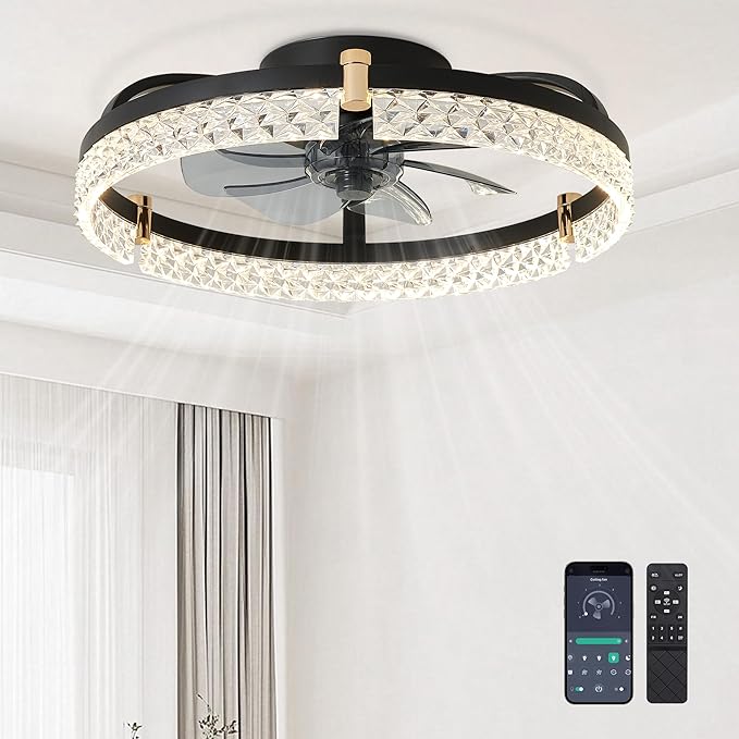 DIAMONDFORGE Ceiling Fans with Lights and Remote Fandelier - Low Profile Modern - 20'' Flush Mount Ceiling Fans for Bedroom,Stepless Color Temperature and 6 Speeds- Black and Crystal