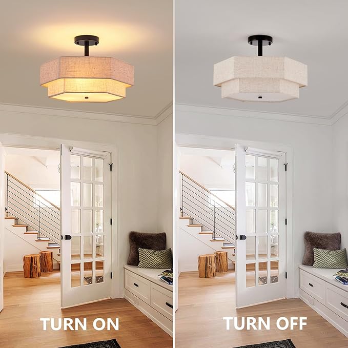 SGLfarmty 17.7" Drum Flush Mount Ceiling Light, 3-Light Large Drum Black Cream Ceiling Light with 2-Tier Hexagon Fabric Linen, Farmhouse Chandelier for Bedroom
