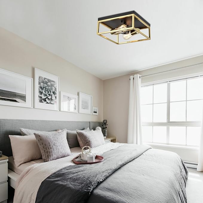 Treekee 11" Ceiling Light Fixtures, Flush Mount Lighting Square, Gold Metal Finish, Vintage Retro and Modern Industrial Charm Ceiling Lamp for Bedroom Hallway Foyer Entryway