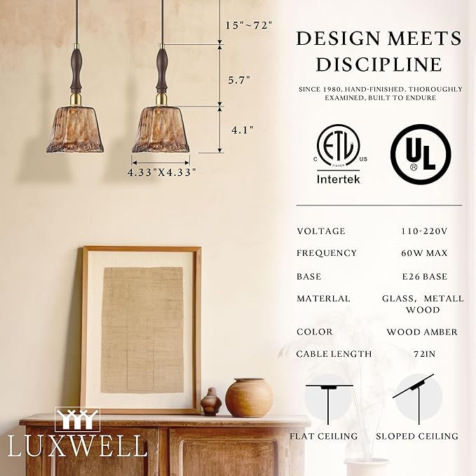 Modern Amber Glass Pendant Light, 4.33"x9.8" Hanging Fixture with Golden Wood Handle & Brass Cap, 15"-72" Adjustable Line, E26 Socket – Golden Amber Square