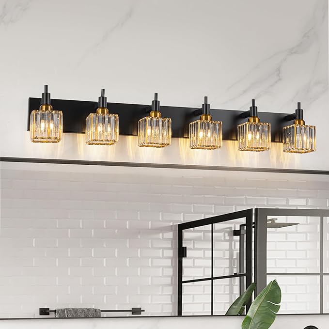 6-Lights Crystal Bathroom Vanity Light Black Gold Modern Bathroom Lighting Fixtures Over Mirror, Wall Light Fixtures