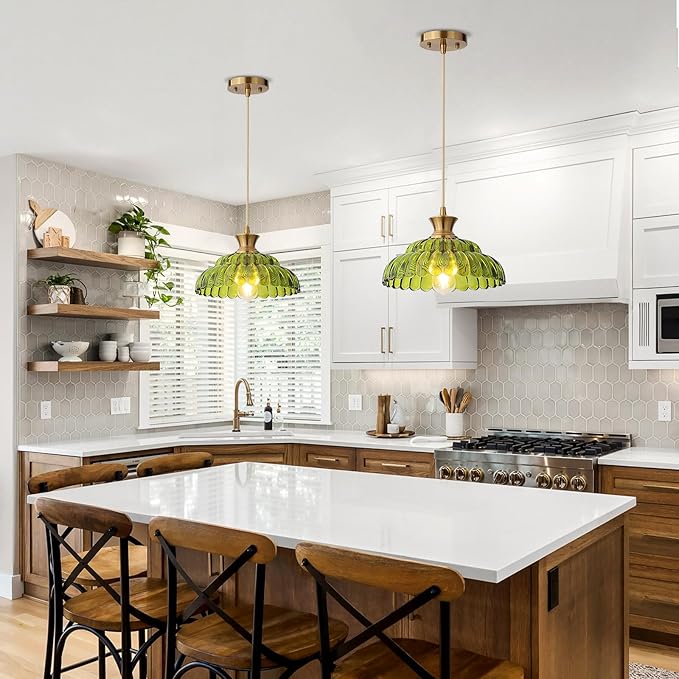 Green Glass Pendant Lights, 11.8" Vintage Lighting Glass Light Fixtures Brushed Gold Modern Hanging Ceiling for Kitchen Island Dining Room Restaurant Foyer Entryway