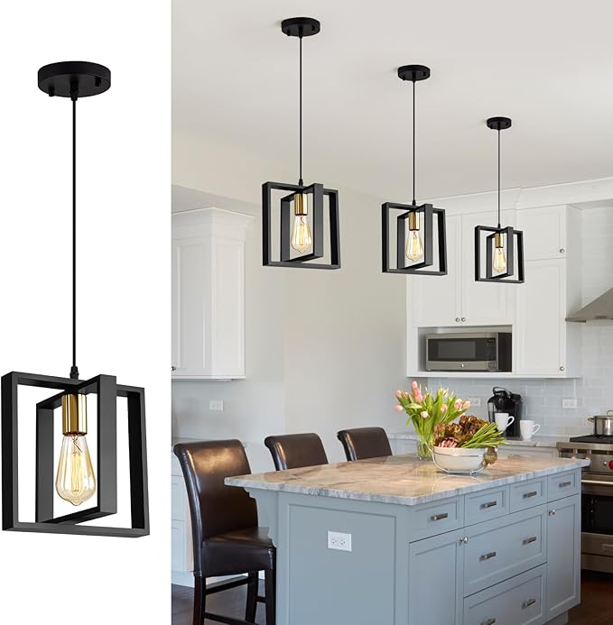 Farmhouse Small Pendant Light Fixture,Kitchen Island Hanging Lamp with Cord, Black+Gold Finish, Wood Frame Chandelier for Hallway Entryway Closet Bedroom,9.5 Inch,E26.