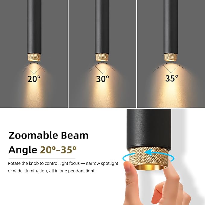 OKELI Modern Black LED Pendant Light for Kitchen Island, 3 Pack – Dimmable Zoomable Pendant, Adjustable Beam Angle, 3 Color Temps 2700K/4000K/6000K, Mini Hanging Light for Bar or Bedroom, 7W 15"