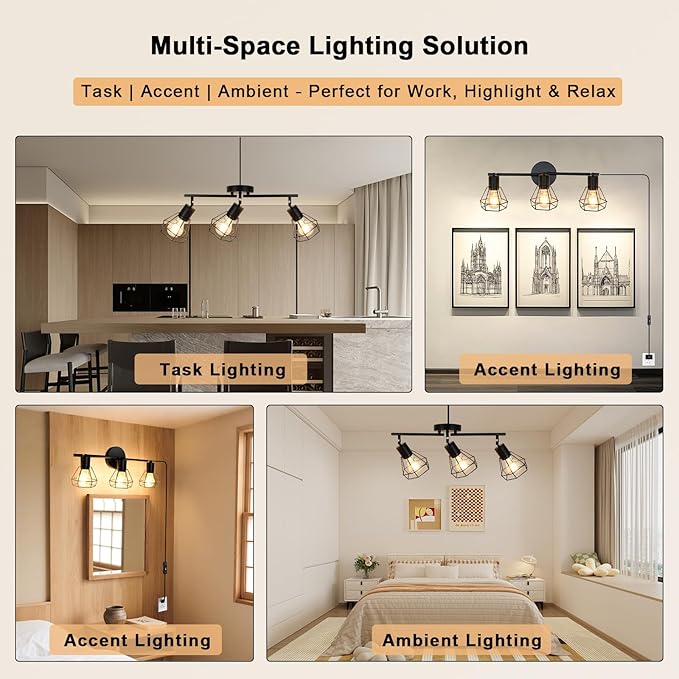 HiBay Track Lighting Plug in, 3-Light Directional Ceiling Light Fixture Black, Farmhouse Plug-in Track Light E26 Wall Spotlight with 16.4ft Cord & in-Line On/Off Switch for Kitchen Dining Room