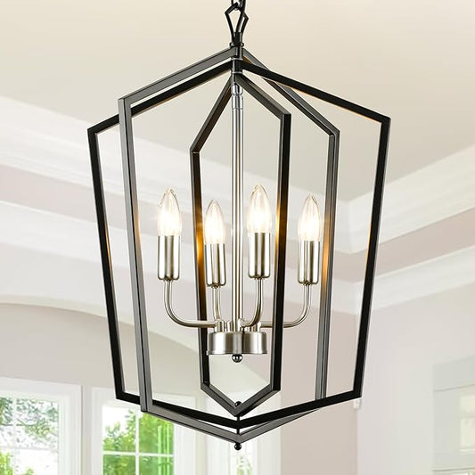 WJShome 18.1" Farmhouse Chandeliers for Dining Room, 4-Light Modern Foyer Lighting Fixture,Black and Silver Hanging Lantern Pendant Light, for Kitchen Island,Hallway,Entryway