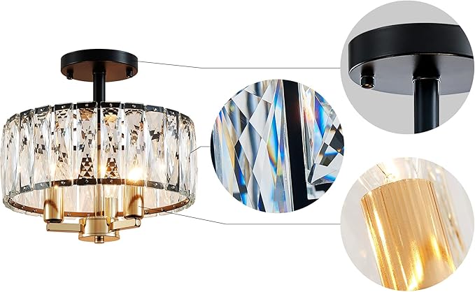 AGV LIGHTING CL003BB K9 Crystal Ceiling Light Fixture, Modern Semi Flush Ceiling Lights, Perfect for Living Room, Bedroom, Dining Room, D13 x H15, 3-Light Shine Gold & Matte Black Finish