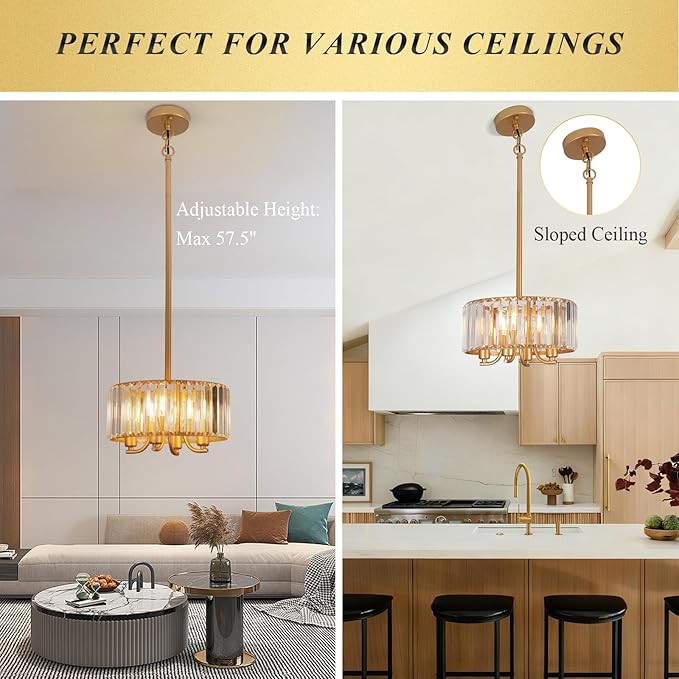 Gold Crystal Chandelier, 4-Light Candle Style Crystal Drum Chandelier, Modern Semi Flush Mount Ceiling Chandelier Light Fixtures for Dinning Room Living Room Kitchen Bedroom Hallway Entryway,11.6 Inch