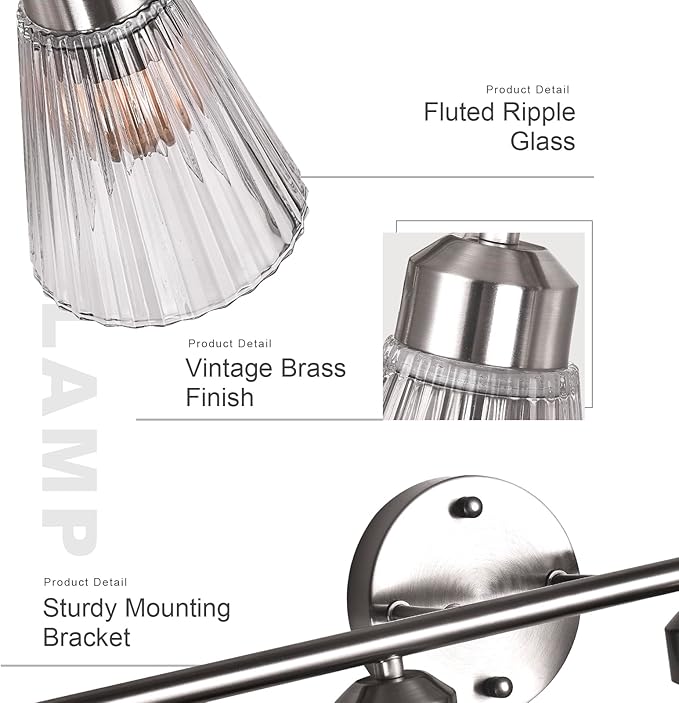 4-Light Bathroom Vanity Light, Brushed Nickel Bathroom Light Fixtures Over Mirror with Stripe Glass, Modern Wall Lamp, Wall Sconces Lighting for Living Room Bedroom Kitchen Hallway