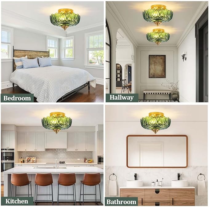 Semi Flush Mount Ceiling Light,Vintage Ceiling Light 9.44 Inch E26 Small Green Glass Ceiling Lighting for Living Room Kitchen Bedroom Hallway 3 Light(Bulb Not Included)