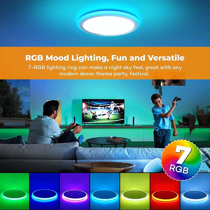 BLNAN RGB Led Flush Mount Ceiling Light with Remote Control, 13Inch 24W 2400LM 3000-6500K Dimmable Color Changing Light Fixture, Modern Round White Ceiling Lamp for Bedroom Kids Room Party Festival