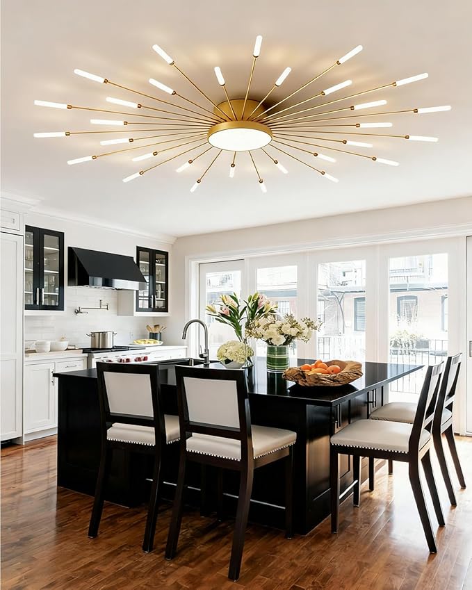 50 Inch Led Ceiling Light Fixture 30 Lights Modern Sputnik Ceiling Light Flush Mount Ceiling Lamp Gold Indoor Lighting for Living Room Bedroom 4000K Decorative Fireworks Chandelier