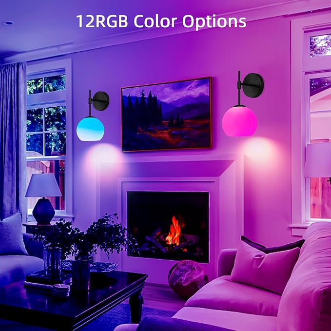 Battery Operated Wall Sconces Set of 2, Rechargeable Wall Lights with Frosted Glass Shade, 12 RGB and 3CCT Dimmable, Wall Lamps with Remote for Bedroom Living Room Hallway, Black