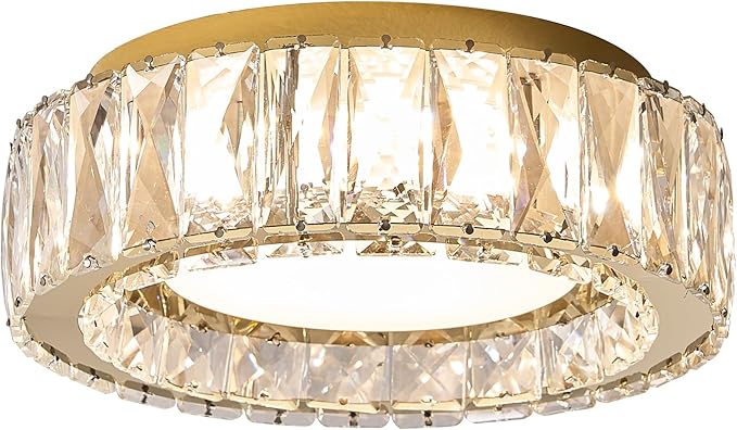 Dimmable Modern Luxury Crystal LED Flush Mount Ceiling Light,11 Inch 24W/5CCT 3000K-6000K Gold Close to Ceiling Light Fixture r for Kitchen,Entryway,Laundry Room,Porch