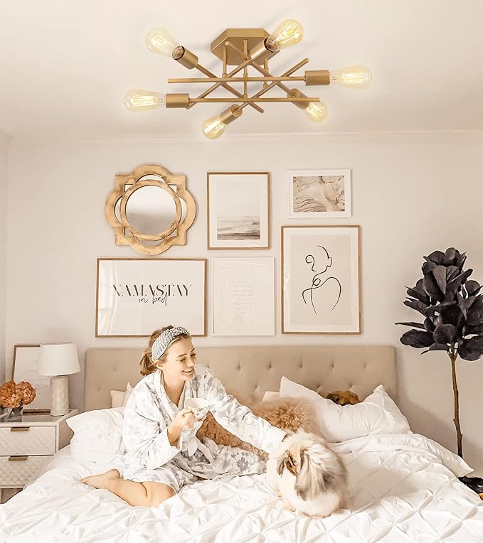 AIHYING Semi Flush Mount Modern Ceiling Light Fixture, Gold 6-Light Modern Mid-Century Chandelier Light Fixture for Hallway Bedroom Dining Room Entryway Foyer UL Listed
