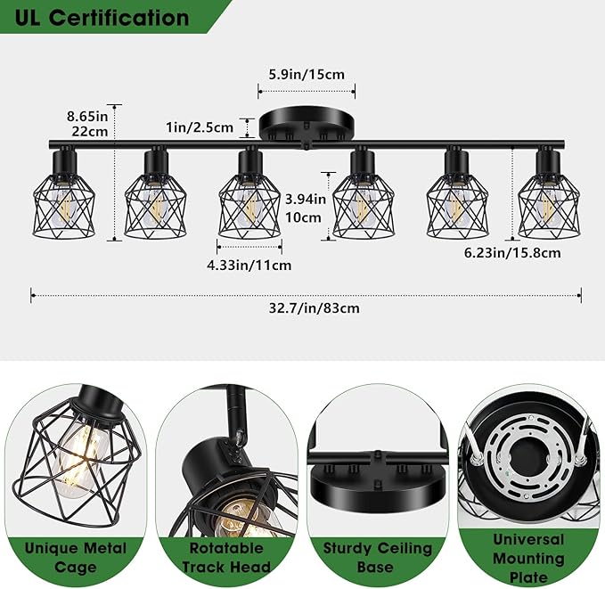 6-Lights Black Semi Flush Mount Ceiling Light, Multi-Directional Ceiling Light Fixtures, Rotatable Kitchen Track Lighting Fixtures with Wire Cages for Living Room, Dining Table, Foyer