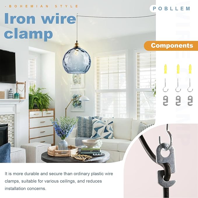 Blue Glass Hanging Light Plug in, 13.8" Large Globe Plug in Ceiling Pendant Light with Hammered Shade, Vintage Gold 1-Light Chandelier Pendant Hanging Lamps for Kitchen Dining Living Room
