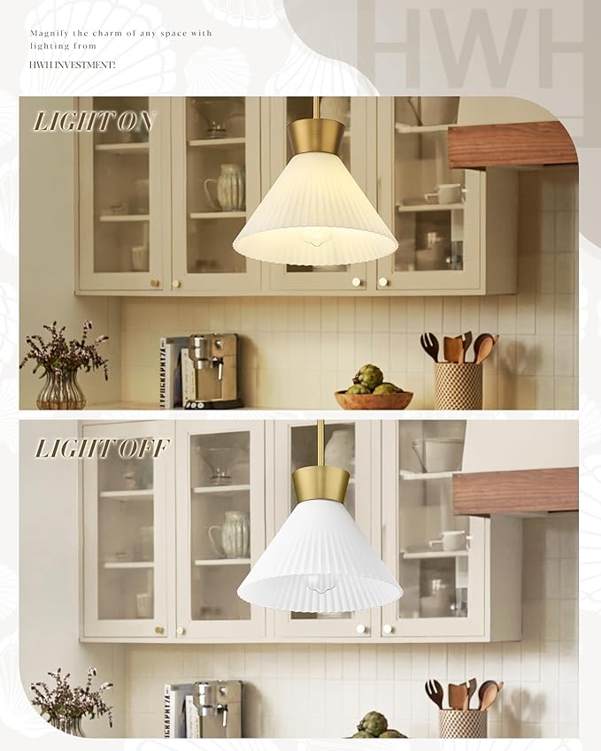 Modern Pendant Light Fixture, HWH White and Gold Kitchen Island Lights 11 Inch, 1-Light Hanging Lighting for Dinning Room Schoolhouse, Frosted Striped Glass Shade, 5HZG98MIL BG