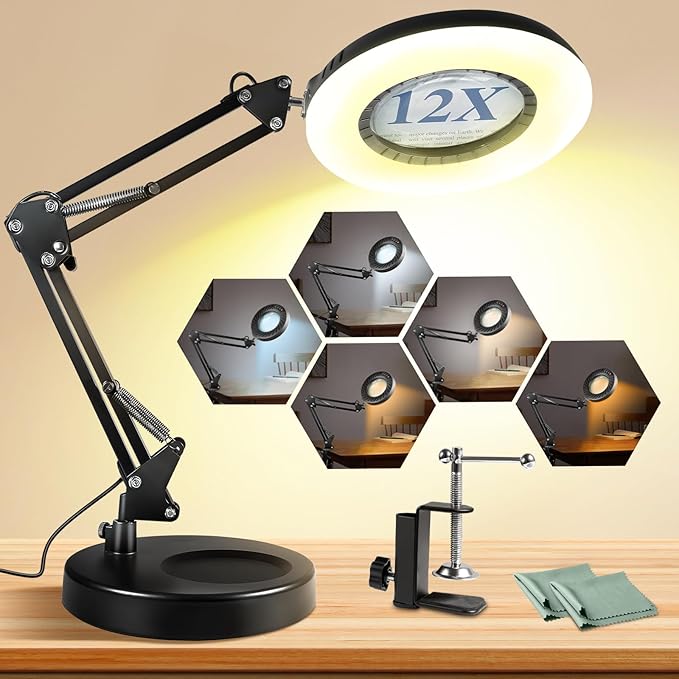 Toolastra 12X Magnifying Glass with Light and Stand, 144 LEDs Brightest Desktop Magnifying Lamp, 10 Dimmable Brightness 5 Color Modes, Hands Free Metal Desk Lamp for Craft Reading Painting (Black)