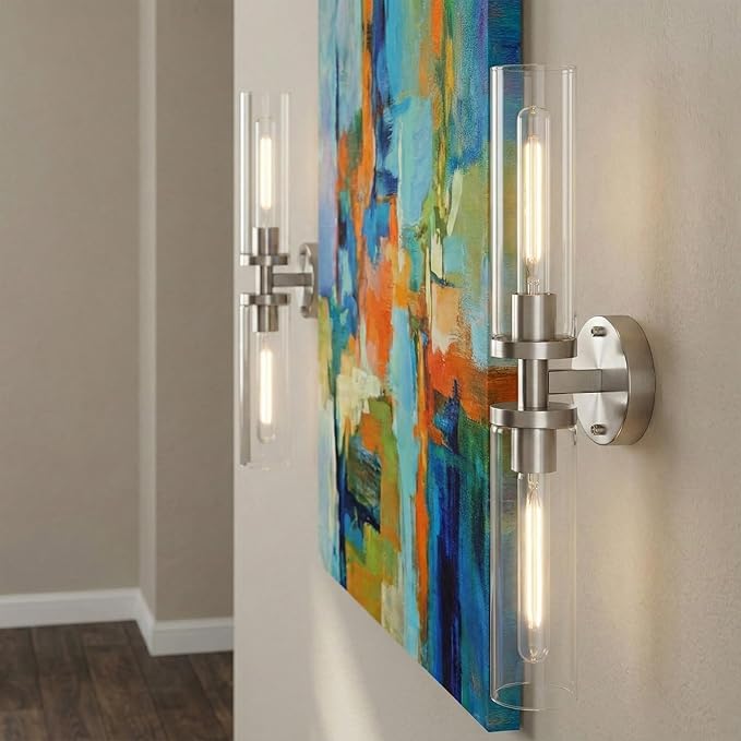 Wall Sconces 2-Pack, Hardwired Bathroom Light Fixtures, Modern Farmhouse Vanity Wall Lighting with Clear Glass Shades, E26 Base Wall Sconce Wall Lights for Bathroom Wall Decor, Brushed Nickel