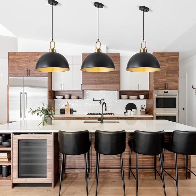 16.1" Large Farmhouse Pendant Lights Kitchen Island, Industrial Dome Pendant Light Fixture, Matte Black with Gold Handle Adjustable Height Hanging Island Light for Dining Room,Kitchen,Cafe