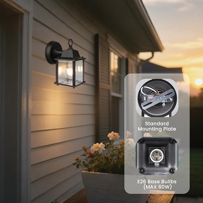 Classic Black Aluminum Wall Lamp – Wet Location Outdoor Fixture, Die-Cast Aluminum & Tempered Glass, E26 Base (60W Max) for Porch, Garage, Garden (Single Pack