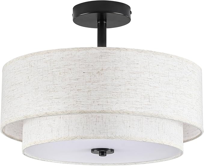 BUXVRCS Semi Flush Mount Ceiling Light Fixture, 3-Light Double Drum Lighting Fixtures with Fabric Shade, 16" Modern Light Fixtures Ceiling Mount Close to Ceiling Light for Bedroom (Black)