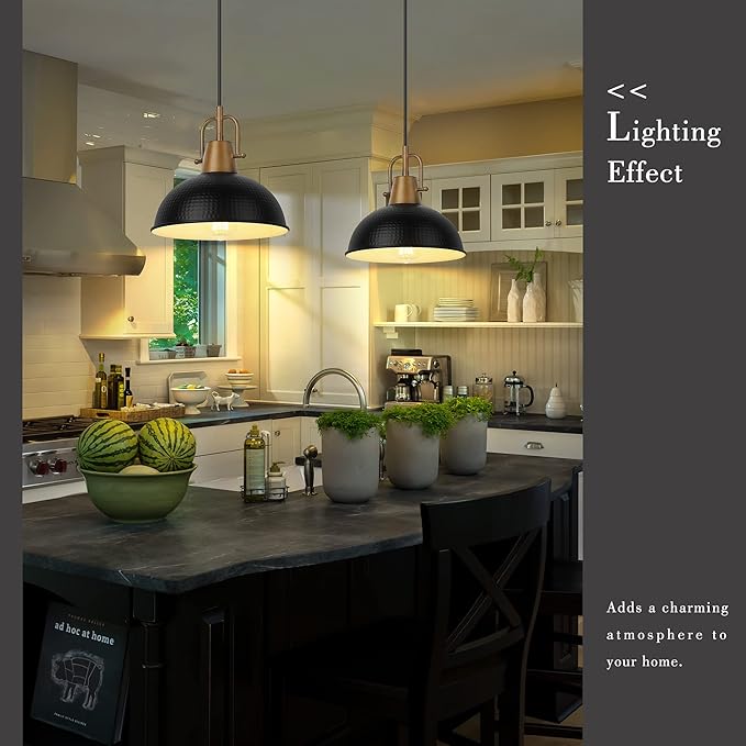 Emliviar 10.2 Inch 1-Light Farmhouse Pendant Light, Modern Pendant Lighting for Kitchen Island, Hammered Metal Dome Shade in Black Finish, GE269MIL BK+WD