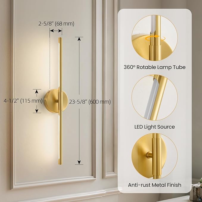 Lightania Wall Sconces Set of Two, 24'' Modern Gold LED Wall Lights, 360° Rotatable, 2700K-5000K Adjustable, Hardwired 3CCT Dimmable Wall Sconce Light Fixture for Living Room Bedroom Hallway, ETL