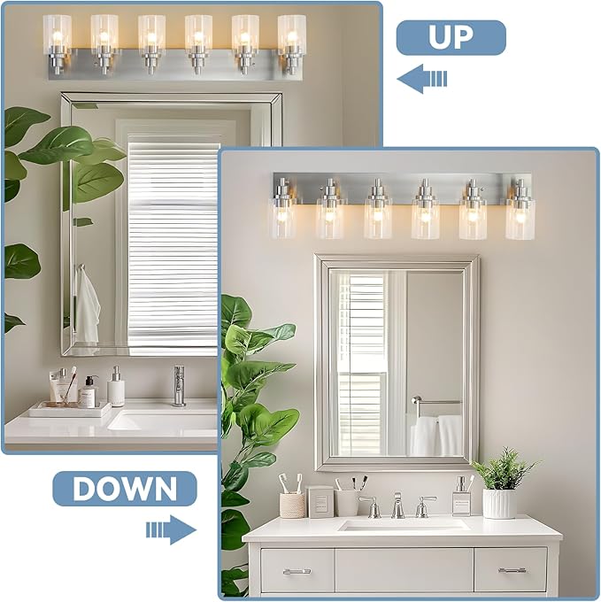 LOUSACE 6 Light Bathroom Vanity Light Brushed Nickel, Bathroom Lighting Fixtures with Clear Glass Shades Over Vanity Mirror, Modern Wall Sconces Fixtures for Bedroom Living Room, E26 Socket