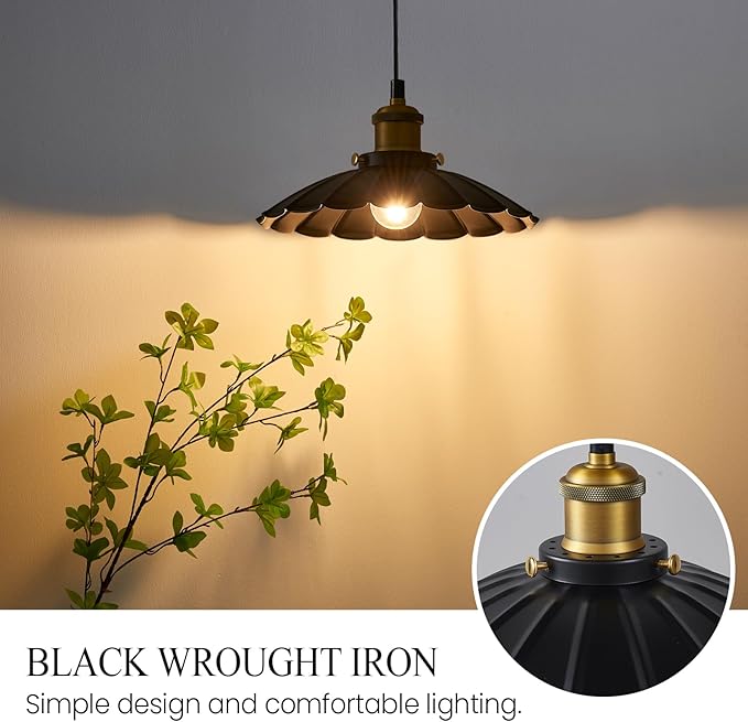 Black Pendant Light, 9.8 Inch Retro Hanging Lamp for Bedroom, Glossy Hanging Kitchen Lights Living Room 6.5Ft Height Adjustable Indoor Pleated Pendant Light