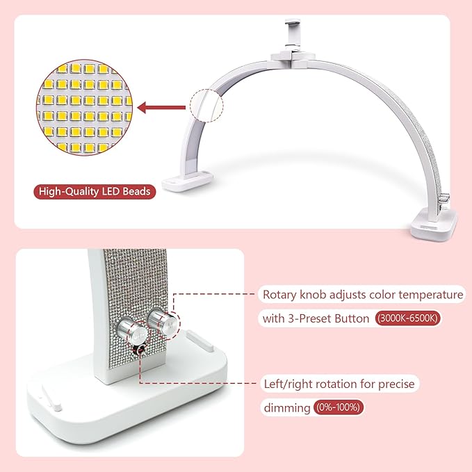 BZJ 30-Inch Half Moon Nail Light for Desk Foldable Nail Art Table Lamp with Stepless Dimming Brightness and Color Temperature for Beauty Eyelash Extensions Tattoo Crafts Spa Salon Nail Tech