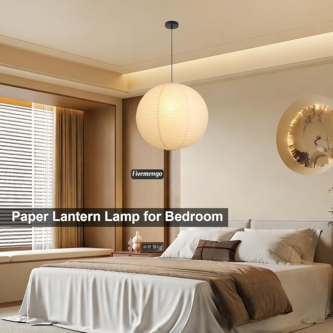 Large Paper Pendant Light with Cord and Canopy, 20in Off-White Rice Paper Hanging Lamp, Japanese Japandi Wabi Sabi Lantern Lamp Chandelier for Living Dining Room Bedroom Kitchen 1 Pack