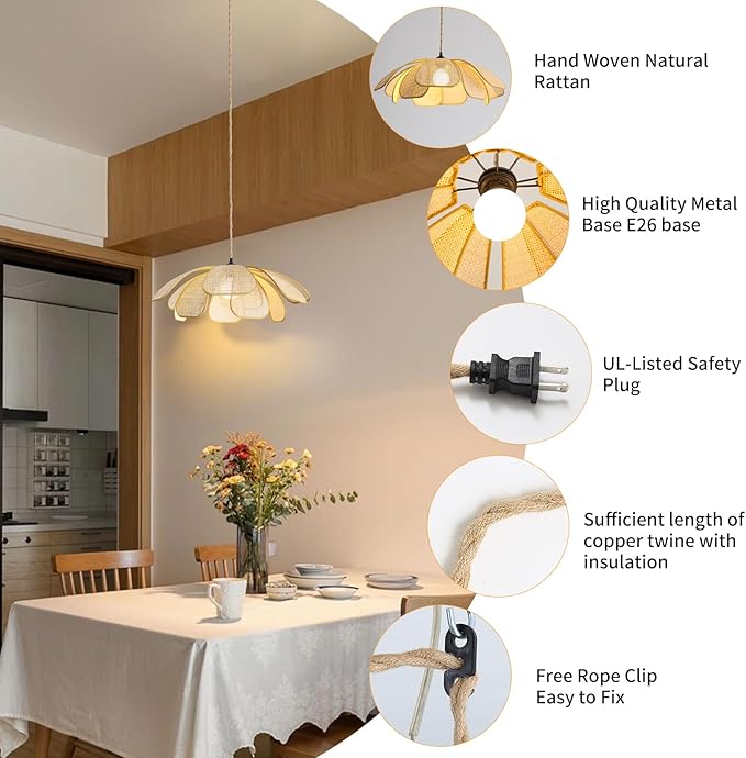Plug in Pendant Light Boho Hanging Light Wicker Light Fixture Hand-Woven Rattan Pendant Lamp Boho Lamp for Hallway Entryway Kitchen Island Dining Room Bedroom