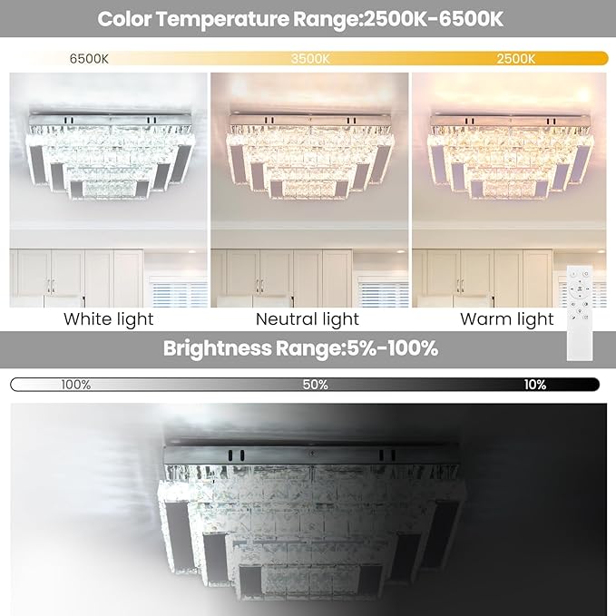 Dimmable Square Crystal Flush Mount Ceiling Light, 15" 3-Tier Crystal Chandelier Ceiling Light, Remote Included, 3000–6500K CCT, K9 Crystal & Stainless Steel for Living Room Dining Room Bedroom