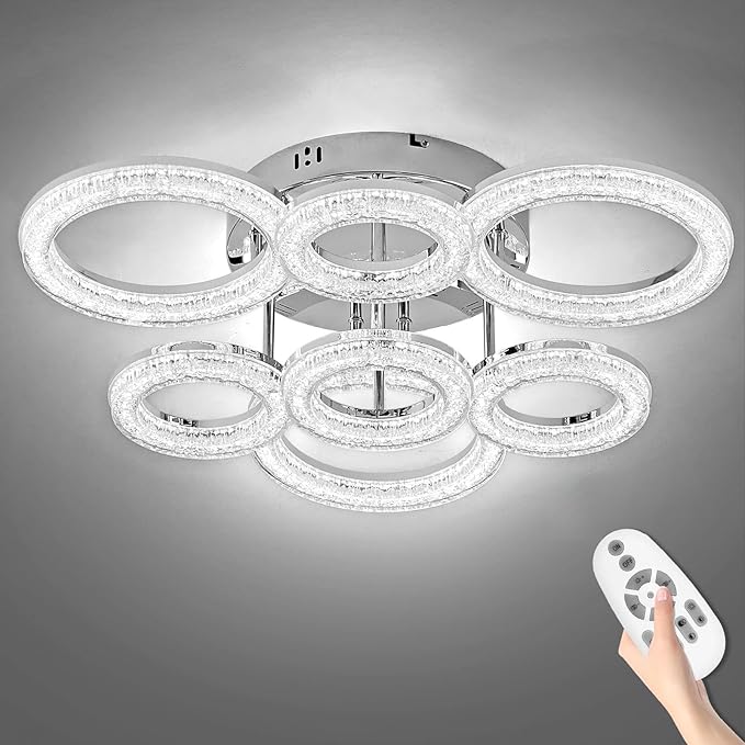 OKELI Modern Ceiling Light, 7 Rings 23'' Dimmable LED 106W Flush Mount Ceiling Lights with Remote Acrylic Crystal Round Ceiling Light Fixture, Bedroom Living Room Dining Room, Chrome