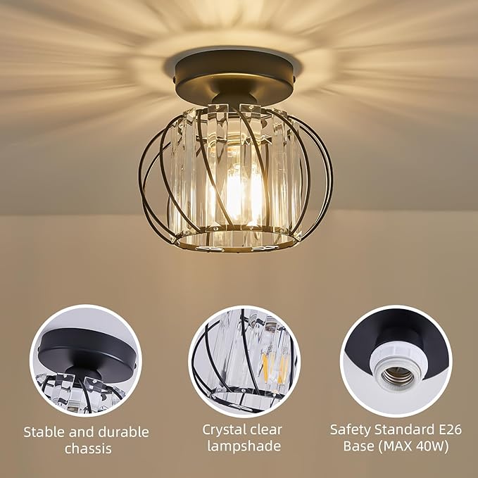 Semi Flush Mount Crystal Ceiling Light Pack of 2, Metal Cage Hallway Ceiling Lamps, Farmhouse Ceiling Light Fixture, Industrial Crystal Chandelier for Corridor Bathroom Kitchen (Black, 7.5 Inch)